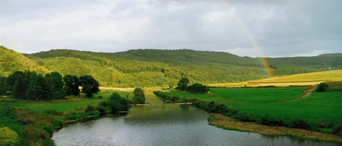 Flusslandschaft mit Regenbogen im Sommer